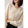 Early Spring New Women'S Mulberry Silk Shirt French Elegance Petal Collar Neck Long Sleeve Plain Dyed Solid Office