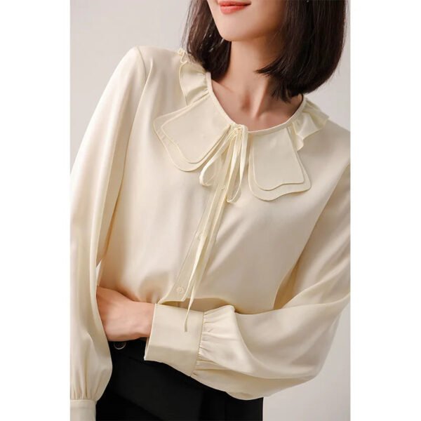 Early Spring New Women'S Mulberry Silk Shirt French Elegance Petal Collar Neck Long Sleeve Plain Dyed Solid Office