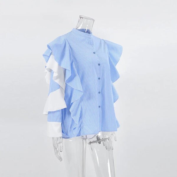 New Fashion Women Striped Blouses Autumn Ruffed Long Sleeved Elegant Shirt