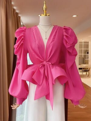 Women'S Bubble Sleeve V Neck Shirt With 3D Ruffles, Tie Waist, And Long Sleeves