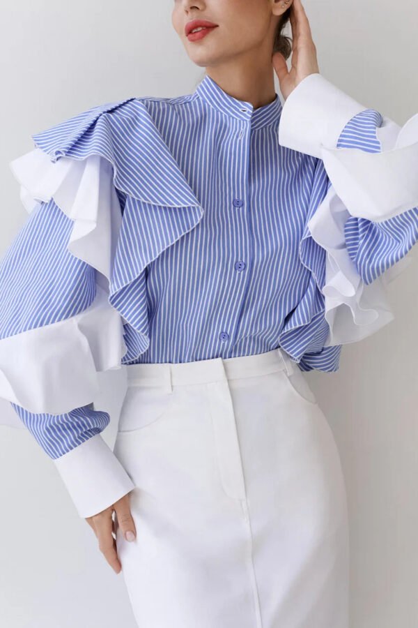 New Fashion Women Striped Blouses Autumn Ruffed Long Sleeved Elegant Shirt