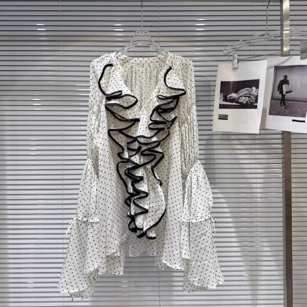 Boutique Summer New Fashionable Ruffle Edge Polka Dot Long Chiffon Women'S Shirt