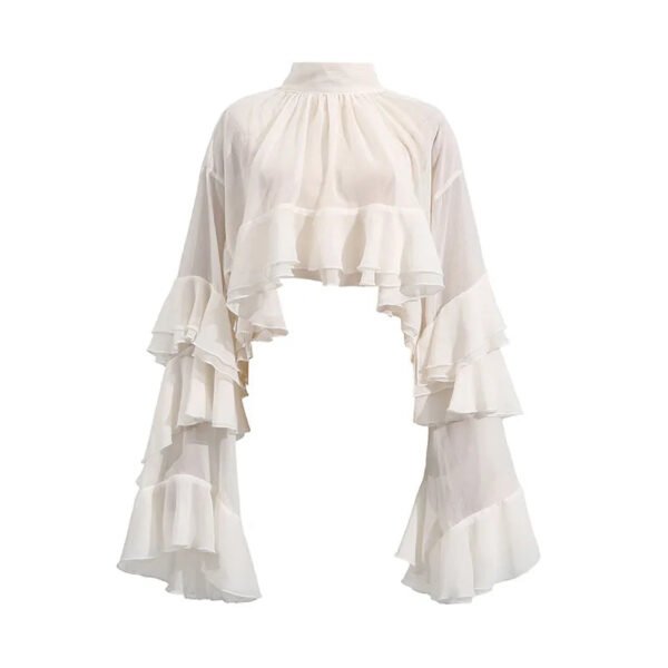 Summer New Elegant Women'S Casual Style Shirt Long Sleeve Top With Button Decoration And Mesh Ruffle Design Loose Fit