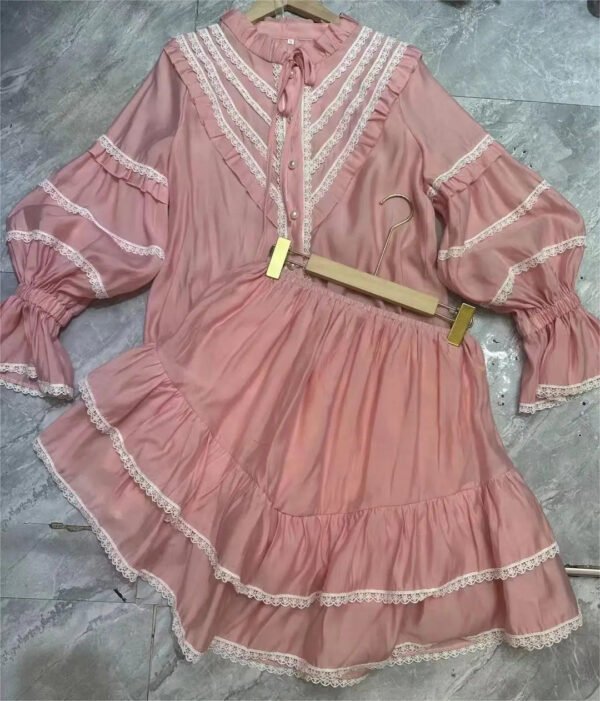 Spring And Summer New Single Breasted Lace Ruffle Shirt + Short Skirt Casual Suit Women'S Vacation