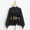 Trendy Women'S Round Neck Long Sleeve Pleated Ruffle Shirt Chic Belt Included, Elegant For Office & Casual