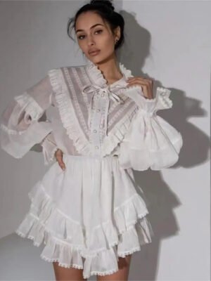 Spring And Summer New Single Breasted Lace Ruffle Shirt + Short Skirt Casual Suit Women'S Vacation