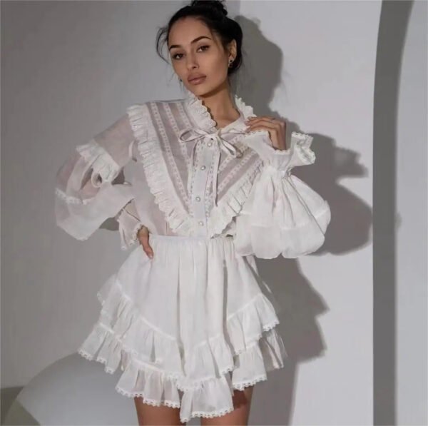 Spring And Summer New Single Breasted Lace Ruffle Shirt + Short Skirt Casual Suit Women'S Vacation