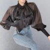Autumn Fashion Puff Sleeves Top Loose Bow Shirt Women Ladies Blouses