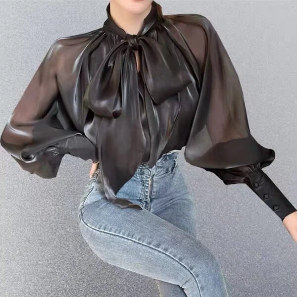 Autumn Fashion Puff Sleeves Top Loose Bow Shirt Women Ladies Blouses