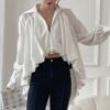 New Arrival Women Casual Shirt Court Wind Puff Sleeve Women Irregular Waist Hollow Out Shirt