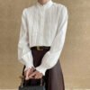 Cotton Women'S Elegant Pleated Puff Long Sleeve Blouse