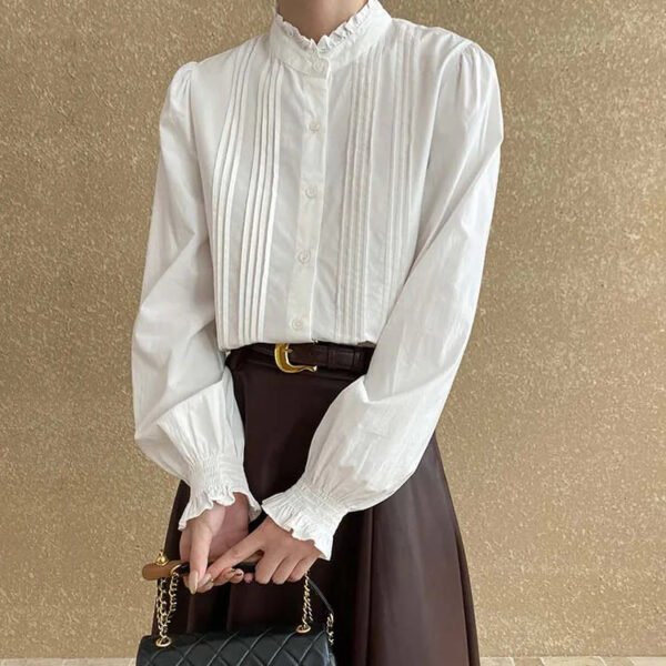 Cotton Women'S Elegant Pleated Puff Long Sleeve Blouse