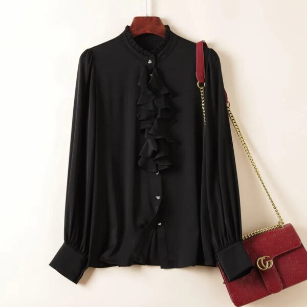 Women'S Silk Long Sleeve Shirt Lady'S Fashion Blouse With Ruffled Collar And Front
