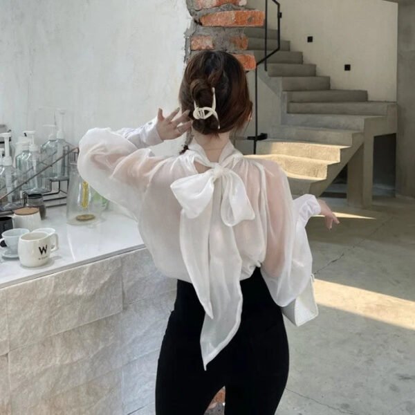 Autumn Fashion Puff Sleeves Top Loose Bow Shirt Women Ladies Blouses