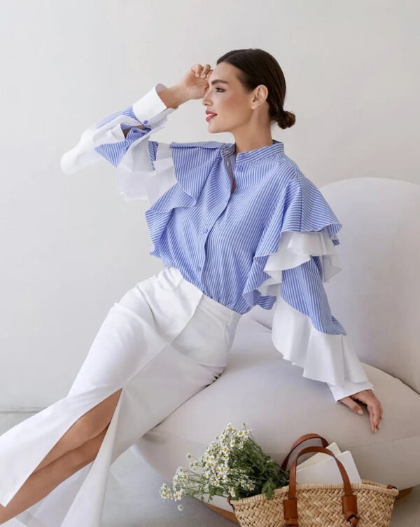 New Fashion Women Striped Blouses Autumn Ruffed Long Sleeved Elegant Shirt