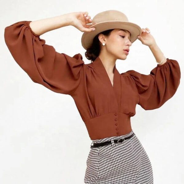 New Arrived New Autumn Women'S Shirt Court Style Lantern Sleeve Slim Long Sleeved Shirt