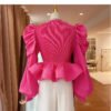 Women'S Bubble Sleeve V Neck Shirt With 3D Ruffles, Tie Waist, And Long Sleeves
