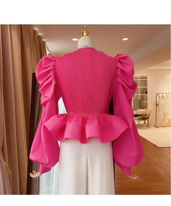 Women'S Bubble Sleeve V Neck Shirt With 3D Ruffles, Tie Waist, And Long Sleeves
