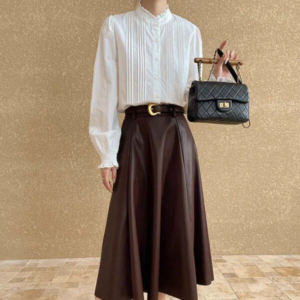 Cotton Women'S Elegant Pleated Puff Long Sleeve Blouse