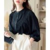 New Designs Lady Elegant Office Puff Sleeve Pleated Shirt Sweet Femme Women Japanese Blouse Shirt