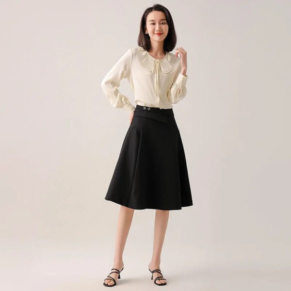 Early Spring New Women'S Mulberry Silk Shirt French Elegance Petal Collar Neck Long Sleeve Plain Dyed Solid Office
