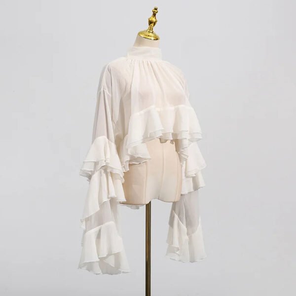 Summer New Elegant Women'S Casual Style Shirt Long Sleeve Top With Button Decoration And Mesh Ruffle Design Loose Fit