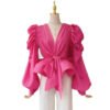 Women'S Bubble Sleeve V Neck Shirt With 3D Ruffles, Tie Waist, And Long Sleeves