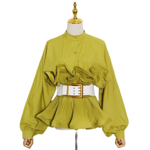 Trendy Women'S Round Neck Long Sleeve Pleated Ruffle Shirt Chic Belt Included, Elegant For Office & Casual