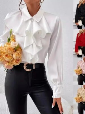H37fe657655cc472ea3e09552af87ca36s Elegant Style Spring Fall Ladies Shirts Solid Color Ruffle Office Shirt