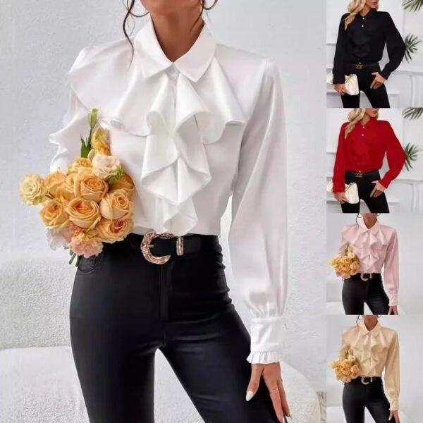 Elegant Style Spring Fall Ladies Shirts Solid Color Ruffle Office Shirt