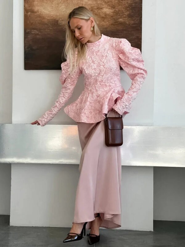 Women'S French Vintage Jacquard Stand Collar Blouse With Puff Sleeves Peplum Ruffle Hem Elegant Shirt Tops