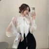 Autumn Fashion Puff Sleeves Top Loose Bow Shirt Women Ladies Blouses