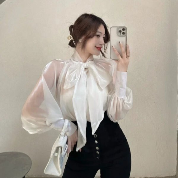 Autumn Fashion Puff Sleeves Top Loose Bow Shirt Women Ladies Blouses