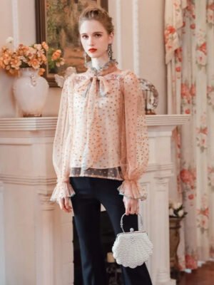 Vintage Elegant Puff Sleeves Transparent Lace Womens Blous High Quality Woman Blouses