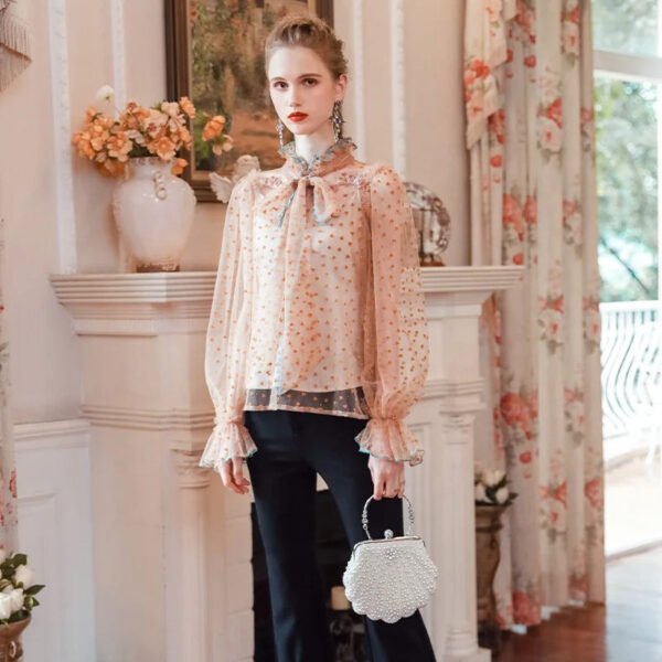 Vintage Elegant Puff Sleeves Transparent Lace Womens Blous High Quality Woman Blouses
