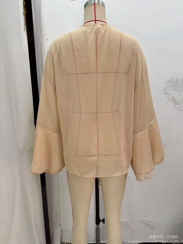 European And American Autumn New Women'S All Match V Neck Lace Up Ruffled Trumpet Sleeve Shirt 17024447