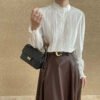 Cotton Women'S Elegant Pleated Puff Long Sleeve Blouse