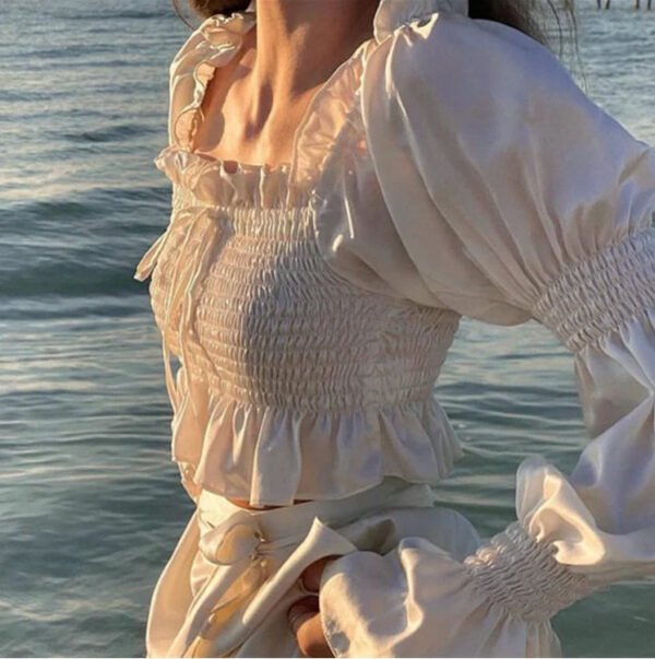 Puff Sleeve Ladies Sexy Pleated Blouse