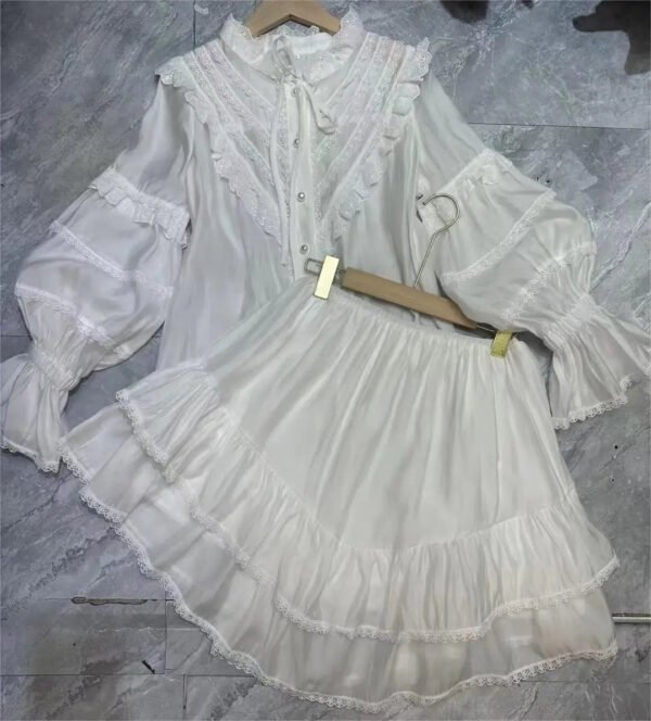 Spring And Summer New Single Breasted Lace Ruffle Shirt + Short Skirt Casual Suit Women'S Vacation