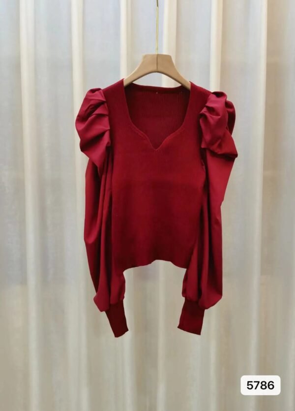 Puff Sleeve V Neck Long Sleeve Knitted Ladies Tops Oc822