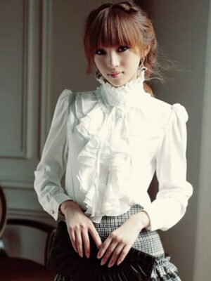 Ladies Autumn Long Sleeve Chiffon Button Up Shirt Women'S Casual White Vintage Office Tops Stand Collar Ruffles Work Blouses