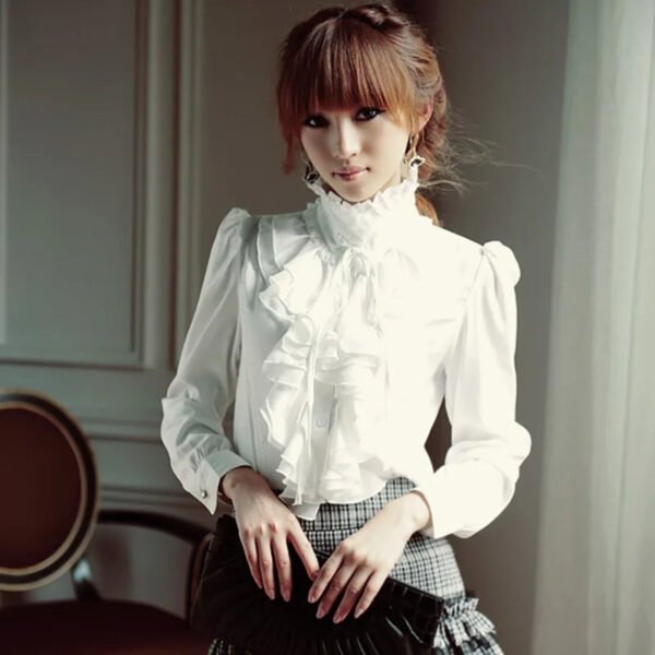 Ladies Autumn Long Sleeve Chiffon Button Up Shirt Women'S Casual White Vintage Office Tops Stand Collar Ruffles Work Blouses