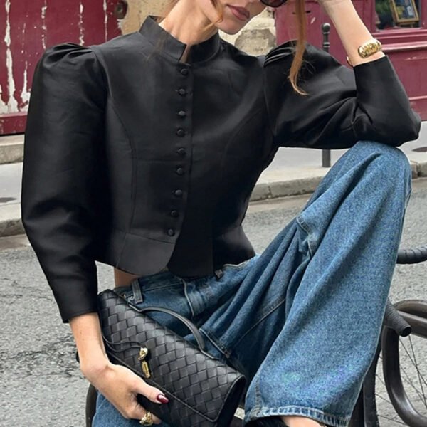 Made Womens French Style Stand Collar Blouse With Puff Sleeves Satin Office Wear Royal Court Elegant Shirt Luxury Tops