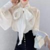 Autumn Fashion Puff Sleeves Top Loose Bow Shirt Women Ladies Blouses