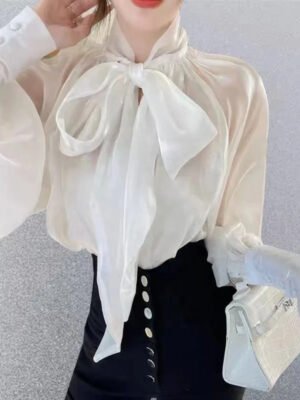 H624891f347764a08b11a8c806e4b2f08e Autumn Fashion Puff Sleeves Top Loose Bow Shirt Women Ladies Blouses