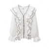 Women Ruffle Pleated Chiffon Blouse Court Style Solid Color Flare Long Sleeve Shirts Tops Girls Sweet Clothing Casual Shirt