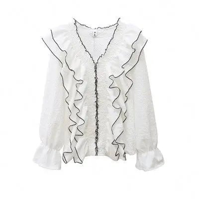 Women Ruffle Pleated Chiffon Blouse Court Style Solid Color Flare Long Sleeve Shirts Tops Girls Sweet Clothing Casual Shirt