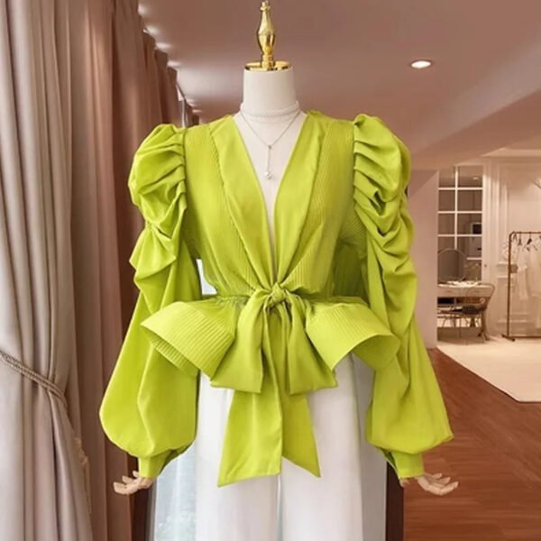 Women'S Bubble Sleeve V Neck Shirt With 3D Ruffles, Tie Waist, And Long Sleeves