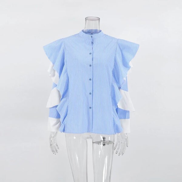 New Fashion Women Striped Blouses Autumn Ruffed Long Sleeved Elegant Shirt