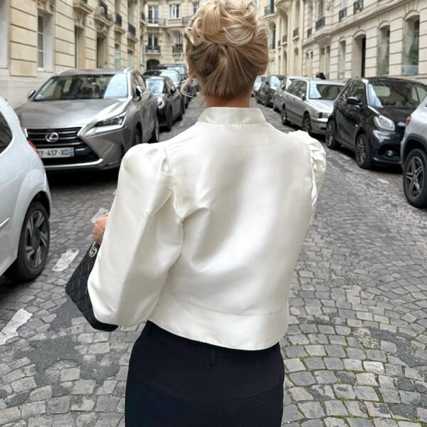 Made Womens French Style Stand Collar Blouse With Puff Sleeves Satin Office Wear Royal Court Elegant Shirt Luxury Tops